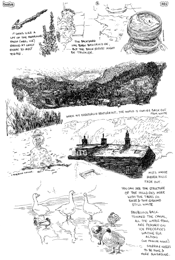 SundayComic: comic drawn on Sundays from Life and photo-reference: it's the most 'less cold' it has been foe a little while; waking up to see clear blue sky out of the velux was pleasant, but low cloud gathered after the morning and our afternoon walk (the long way around to the shops) was not in the sunshine.
