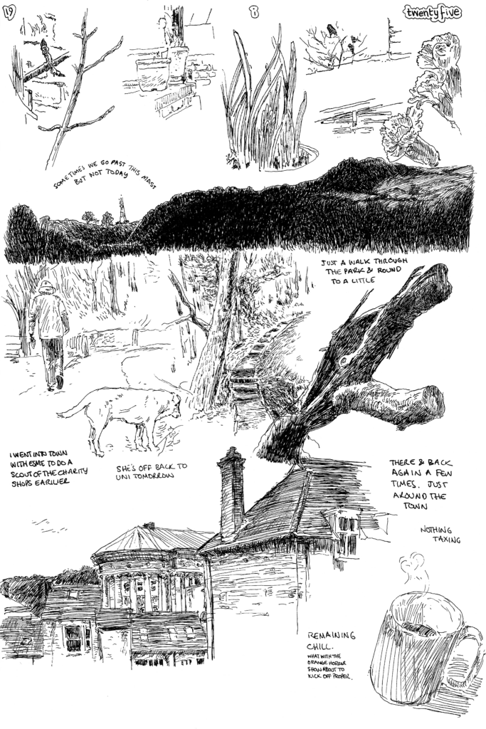 SundayComic: comic drawn on Sundays from Life and photo-reference: Poor Louise still has a bit of a bad back, so I did some steps for her; going into town with Esme for a final scout around the chazza shops of town, before tomorrow's return to Uni Life.  Then a mosey round the park & up & down the canal a little.  Wasted too much time doom-scrolling, but it's a way of ignoring how crap politics is, i guess.  Ostritching, much?