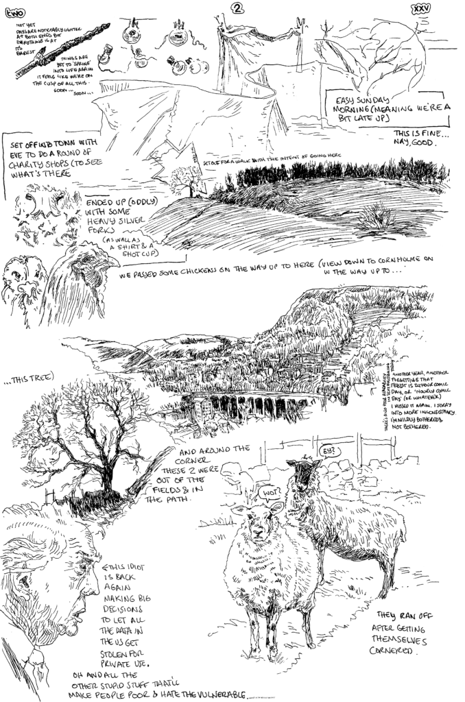 SundayComic: comic drawn on Sundays from Life and photo-reference:  My apologies, today's comic is a bit of a mess with images and text doing a poor job of creating any flow.  Never mind.... late up, then into town with Eve to have a jaunt around the charity shops to see if we can find anything. home for breakfast in the afternoon, after shopping, then out again for a good loop walk up around the hills a little. it's been a very relaxing weekend (if you can keep from looking at the news).