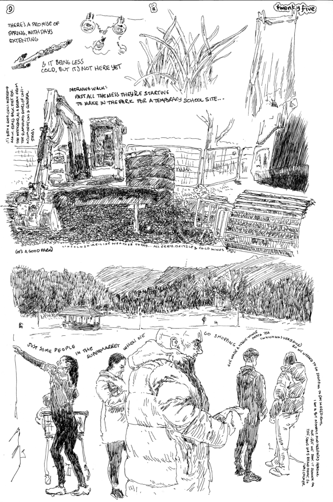 SundayComic: comic drawn on Sundays from Life and photo-reference: easy day, with a little asthma wheezing. 
they're starting to dig up the park for the temporary school. 