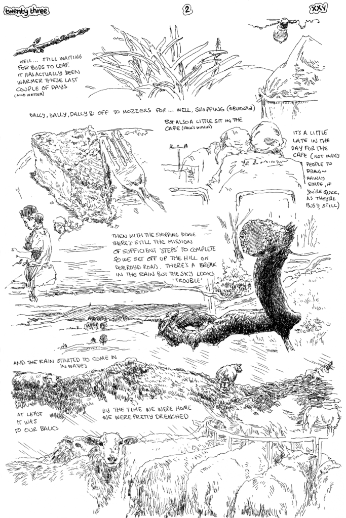 SundayComic: comic drawn on Sundays from Life and photo-reference: didn't manage to get going before the rain started today but we did make it to the way to the local supermarket cafe.  Then off again with the shopping to do the stony road/stoney lane router over the hill (in the wind and rain) home.  more sheep than people seen.