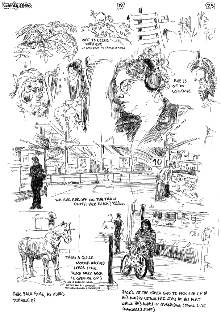 SundayComic: comic drawn on Sundays from Life and photo-reference: up early: Train travel today; we were up early(ish) for a Sunday as Eve needed to catch the 09:18 to Leeds to catch a London Train.She's off to stay at Jack's flat, while Jack is over in Cambridge doing 'on site' engineering stuff. She's alsontaking the bike she picked up in a charity shop in Keighley the other week (so needed a hand with all her stuff + bike). Mainly drawing people on trains & train stuff.