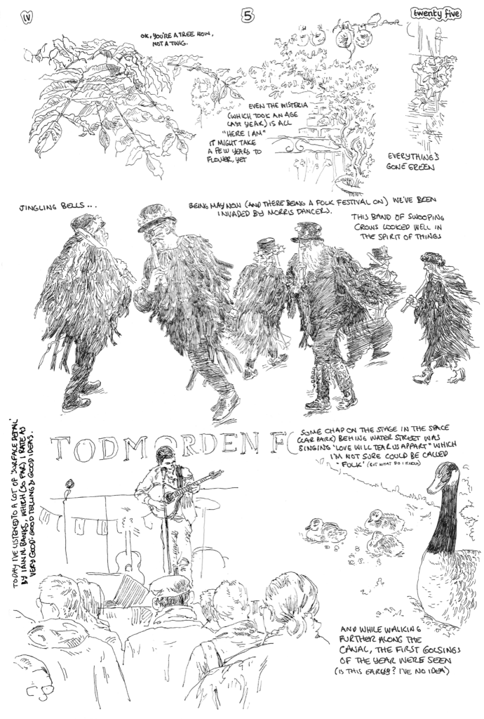 SundayComic: comic drawn on Sundays from Life and photo-reference: a simple Sunday. I draw the back yard again as a start again. The twig I have been drawing is now more a tree. 
Going out for the shopping there's morris dancers and folk singers. Down by the canal there's goslings (already),
