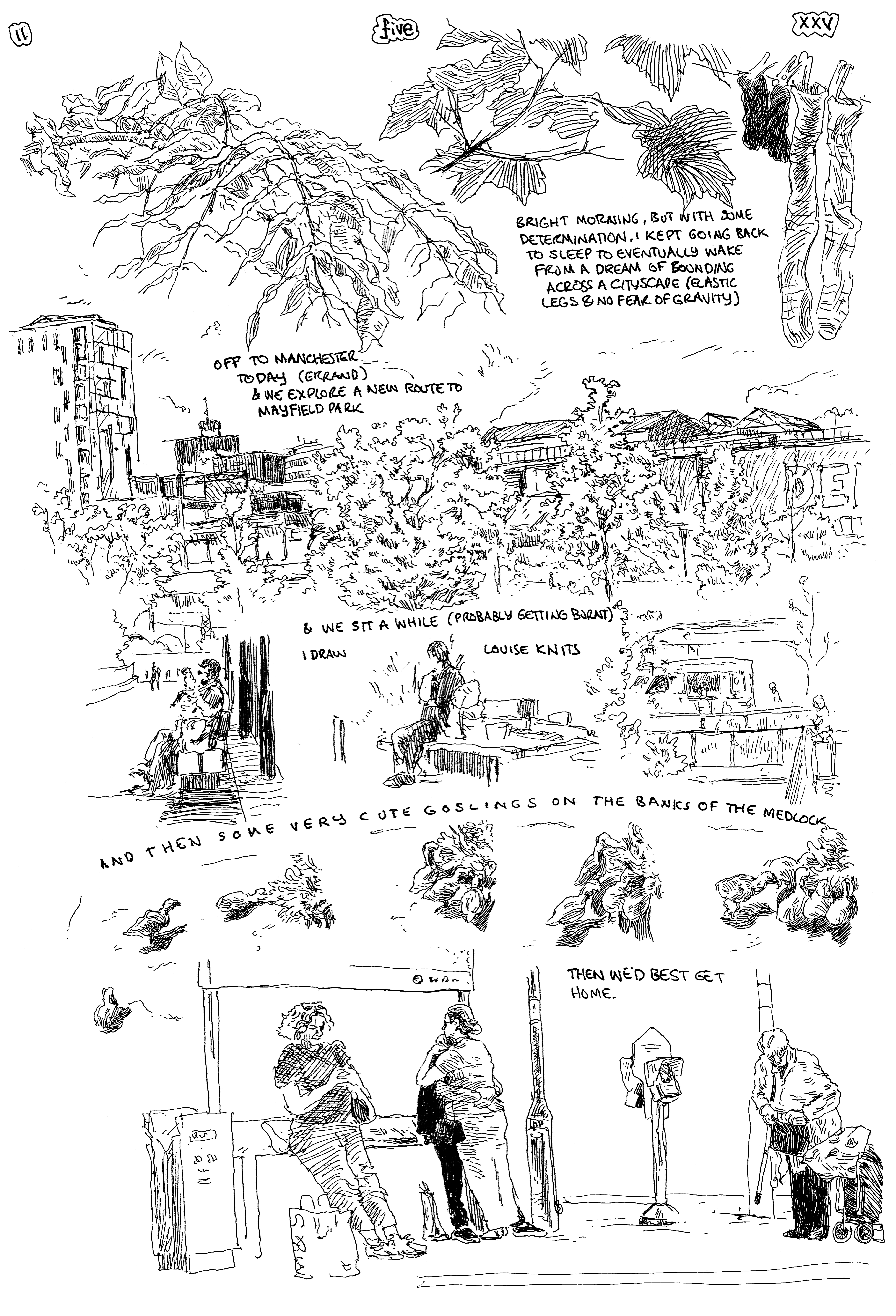 SundayComic: comic drawn on Sundays from Life and photo-reference: WE were up 'not too late' to be off to Manchester, to pass on some stuff for Eve to Emma (while Emma was at work, so thank you Emma) as Emma is going visiting Eve, this wee. We then went exploring a route to Mayfield Park & say around a little, which was very pleasant. Then more wondering around attempting to avoid crowds (Manchester is very busy) picking up a little shopping before heading home. A very pleasant day, thank you.