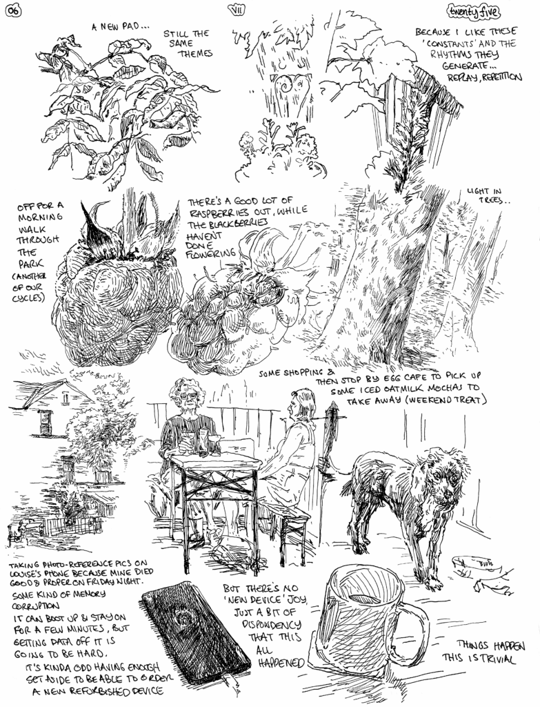 SundayComic: comic drawn on Sundays from Life and photo-reference: a day for a new book, (more to an imperial scale) and a new phone (a bit annoying to have to do, but it is a minor upgrade).  A day of usual cycles & a comfort from that. Things change & things stay the same.
The rain catches you & the sun dries you.