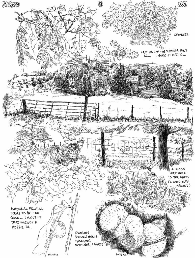 SundayComic: comic drawn on Sundays from Life and photo-reference.  Largely low key easy going.  It's the last of the Summer Hols so back to a different schedule tomorrow.  Rained on a little (it's good for the ground). We took so long on the trip to the shops, Esme said she got bored & started making bread (in the bread maker).  She also had a craving for nachos for tea, so i am still stuffed.