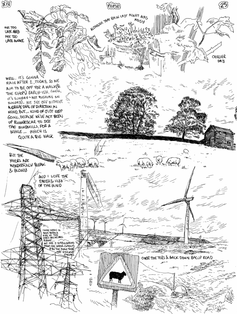 SundayComic: comic drawn on Sundays from Life and photo-reference.  seems to have been a 'change' in the weather with rain most certainly back on the agenda, plus added wind and chill.  Might be a passing thing, might be start of a wind-down  of the year... Can't grumble, i guess; it's been a nice summer... OK, I can grumble. Grand walk over Todmorden Moor today.  We had no intention on setting out, but just kept going past Stones road & Sourhall, because we thought, why not?  The rain did start before we got home, but nothing on the scale of what was coming down last night, so all good.  Esme made a tomato soup for tea (accompanied by some nice pasties from Tod Almighty).