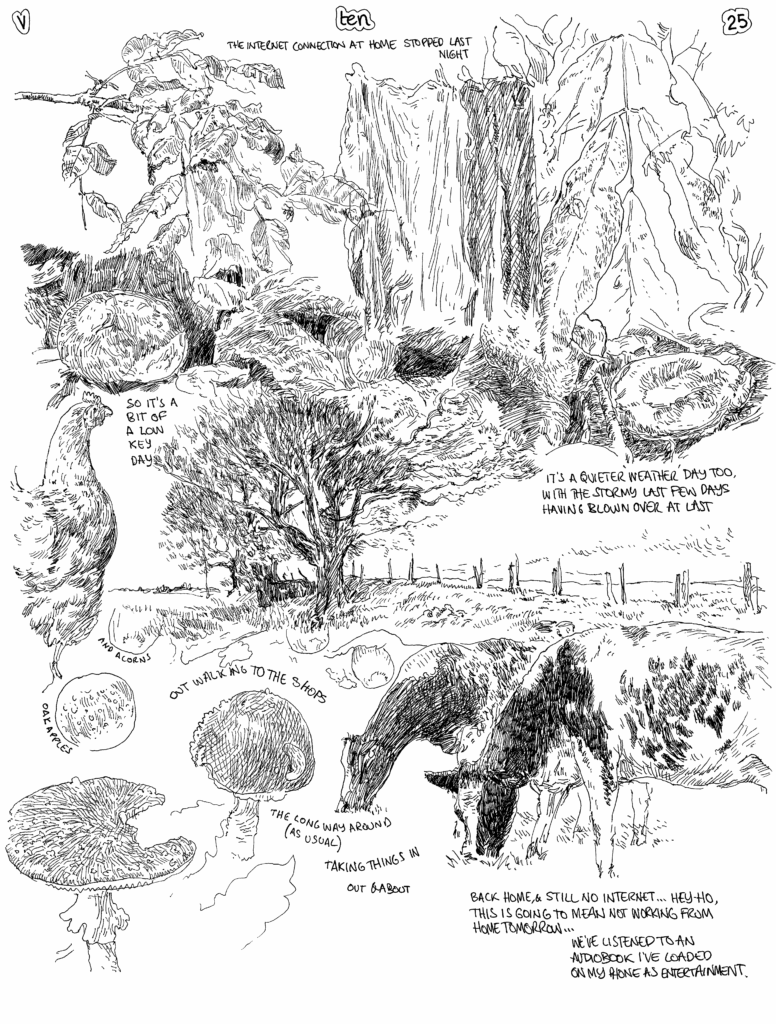 SundayComic: comic drawn on Sundays from Life and photo-reference. Today, with no internet, I guess I've spent less time on idle things.  I did make an awful mess in the kitchen knocking over a brewing coffee early on & that ... took a while to tidy & the days new clothes went straight to the Washing machine.
Louise is better today after having caught a nasty cough however Esme seems to have caught it over in Manchester (all the student mixing I guess).  
No reply to a ticket raised to my ISP, so  the internet has remained off all day.  If the mobile signal was better this would be less of an issue.