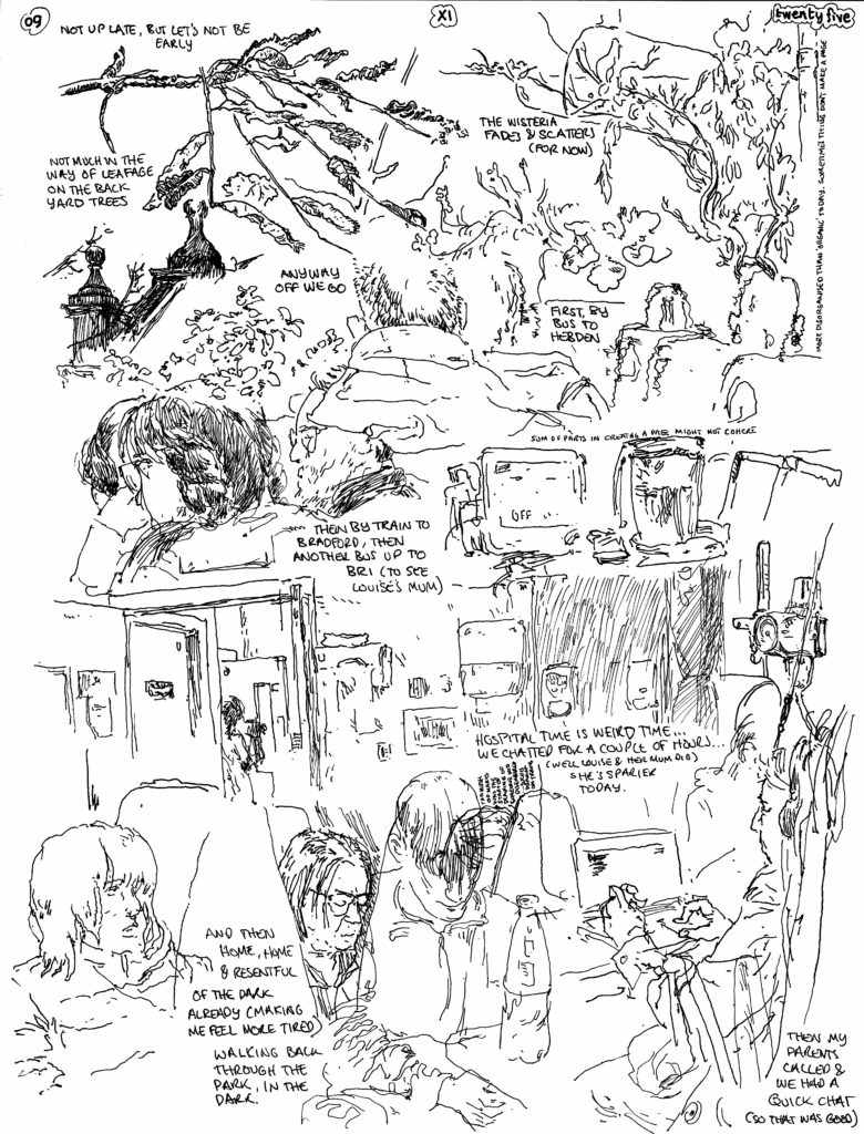SundayComic: comic drawn on Sundays from Life and photo-reference.  today was essentially a trip to Bradford on the train (BDI) to visit Louise's mum at the Bradford Royal Infirmary (BRI).  It got dark on the Journey home, which seemed wrong; I guess I'm not used to the closing in of the days. It also brought home it's been a bit of a busy & tiring week.
