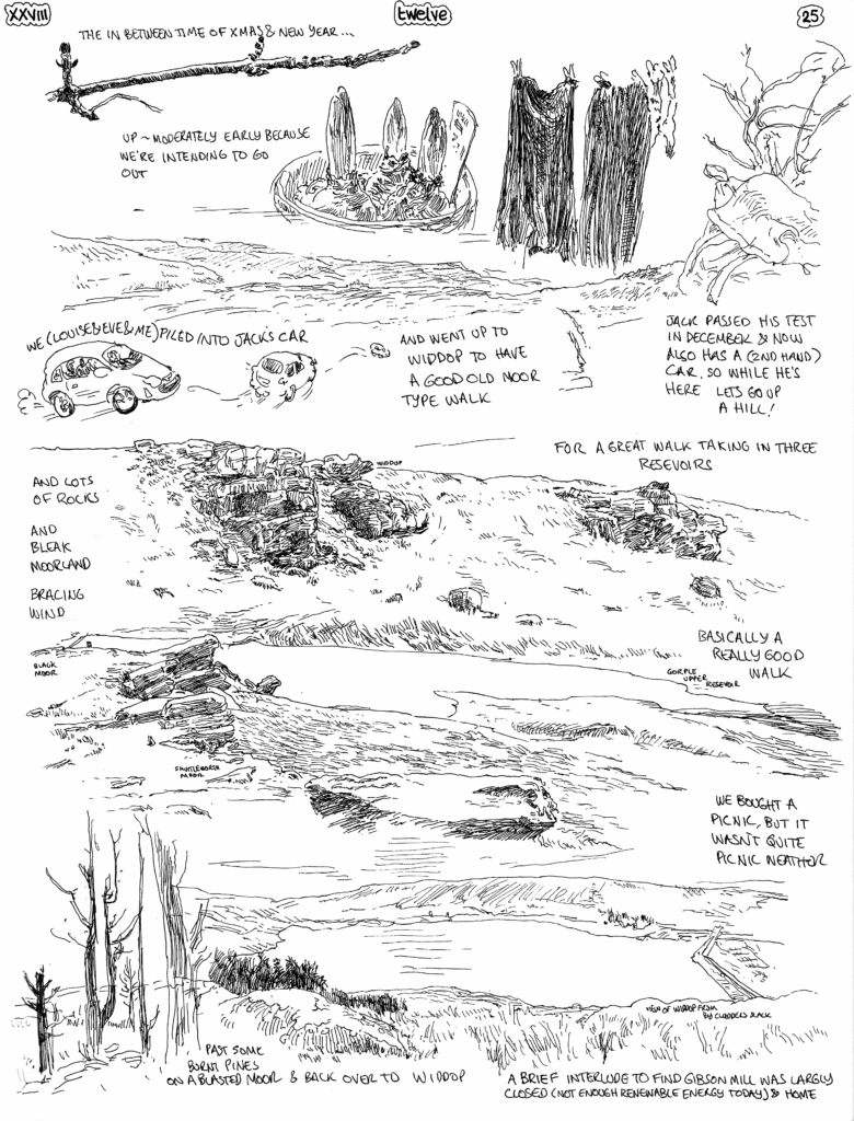 SundayComic: comic drawn on Sundays from Life and photo-reference.
That curious time between Christmas & New Year, where you start to become unanchored from the routines that help encompass a week. 
I'm happily tired today.
 As well as a drive and a very good walk, we also opted for a little pizza, so this really was a bit of an indulgent day.