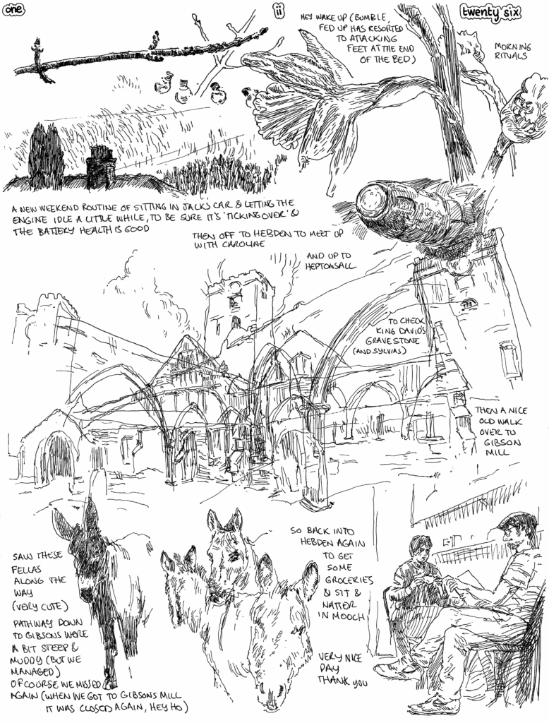 SundayComic: comic drawn on Sundays from Life and photo-reference. it held off raining today, which made the day very nice; especially good for a nice walk up to 
Heptonstall & around to Gibson's Mill & back into Hebden with Caroline.  20K steps (maybe) while were out.  I'll have to get some more daffodils tomorrow, as last weeks lasted ok until today, (hanging on this morning) but were visibly 'done' by the time we got home.  Small luxuries that brighten.