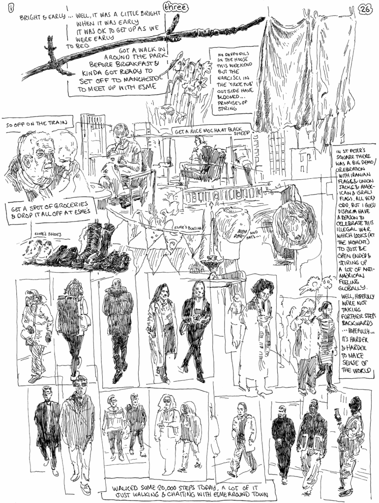 SundayComic: comic drawn on Sundays from Life and photo-reference. Just a nice day out in Manchester, meeting up with our Esme & having a Coffee & a big old walk after picking up some groceries.