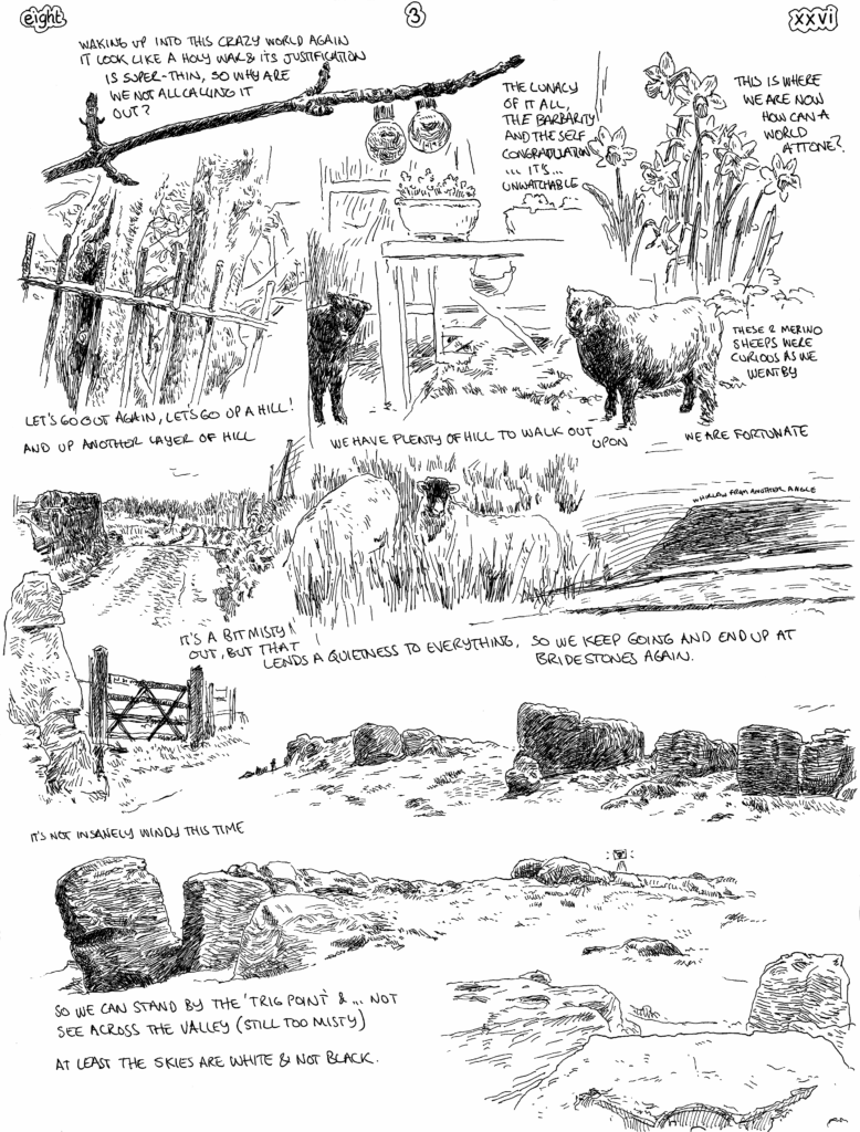 SundayComic: comic drawn on Sundays from Life and photo-reference. the world is crazy & keeps getting crazier... well, more density of crazy keeps increasing and it's gravity pulls more into its event horizon.  I again wonder at how lucky i am to be where I am & the easy privilege this provides for me.  To be able to escape for a bit & walk up a hill.
