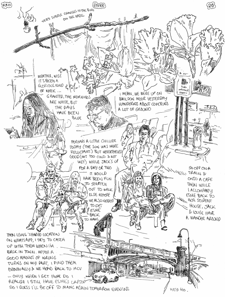 SundayComic: comic drawn on Sundays from Life and photo-reference. Green party came a canvasing today with a weird opening gambit of 'do you have any grievances?', which stumped me, as i do not, and i said i do not; i feel pretty lucky to live here.  Louise pointed out this seemed a bit populist in approach (feed the beast)  it's Out to Manchester once more, but with Jack as well. Sun was not shining, but it was still a good day.