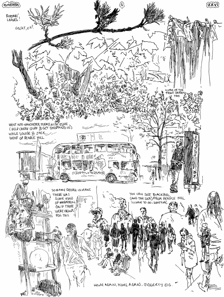 SundayComic: comic drawn on Sundays from Life and photo-reference.  Pleasant day, although we had to split up: Louie & Jack went up Pendle Hill, while Me & Esme went back to Manchester (Uni tomorrow).
