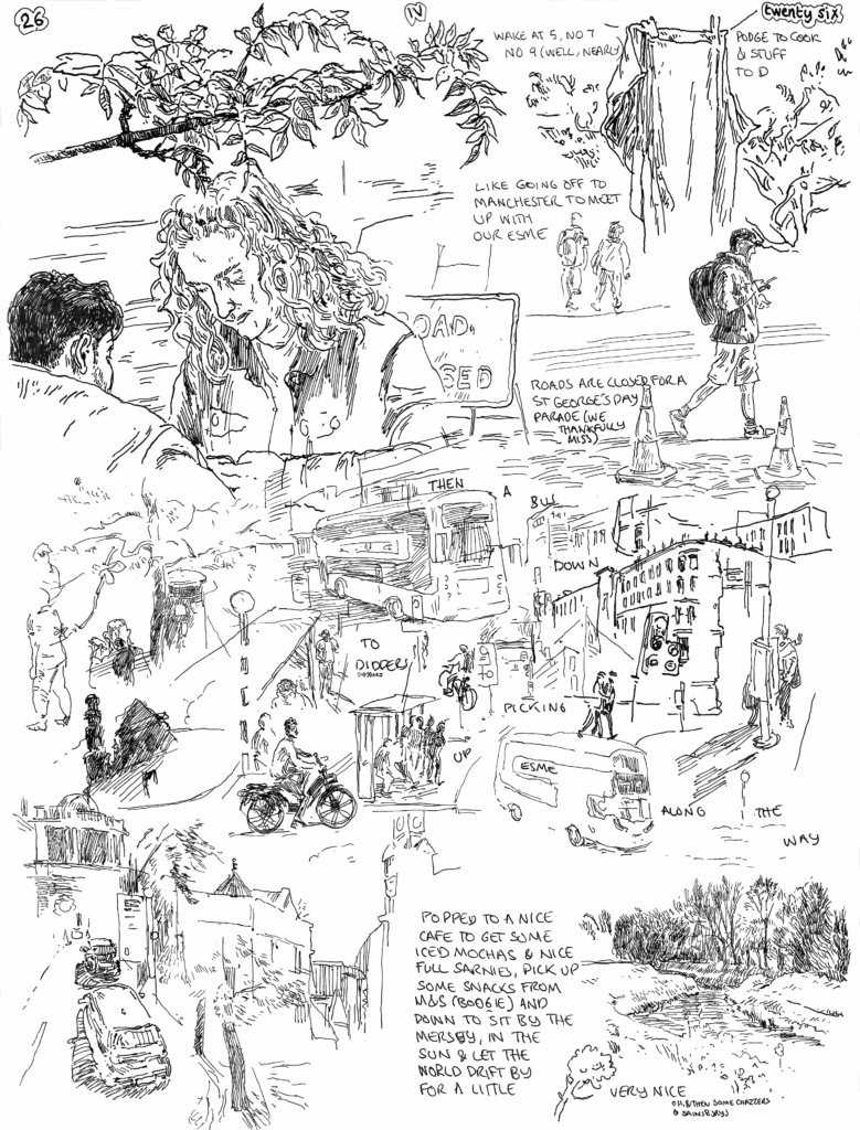 SundayComic: comic drawn on Sundays from Life and photo-reference. Sunny sunny day (much like yesterday).  Off to Manchester, at Esme's suggestion, for a Jaunt down to Didsbury.  A nice little walk & a picnic & some charity shopping.