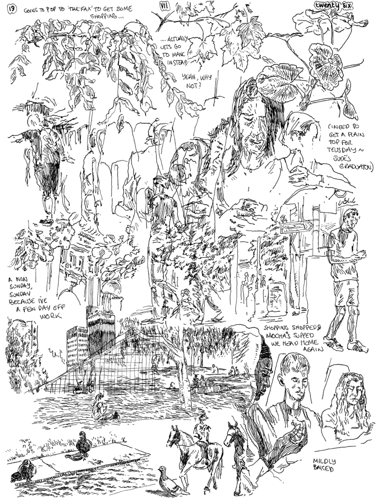 SundayComic: comic drawn on Sundays from Life and photo-reference: Hot, but not totally hot today. We opted for a day out in Manchester, and my, is Manchester busy. Still, despite at least initial recoil, we achieved, and got done what we set out to do, so that's cool.
I feel the drawing is a little scrappy today, but I don't mind this.