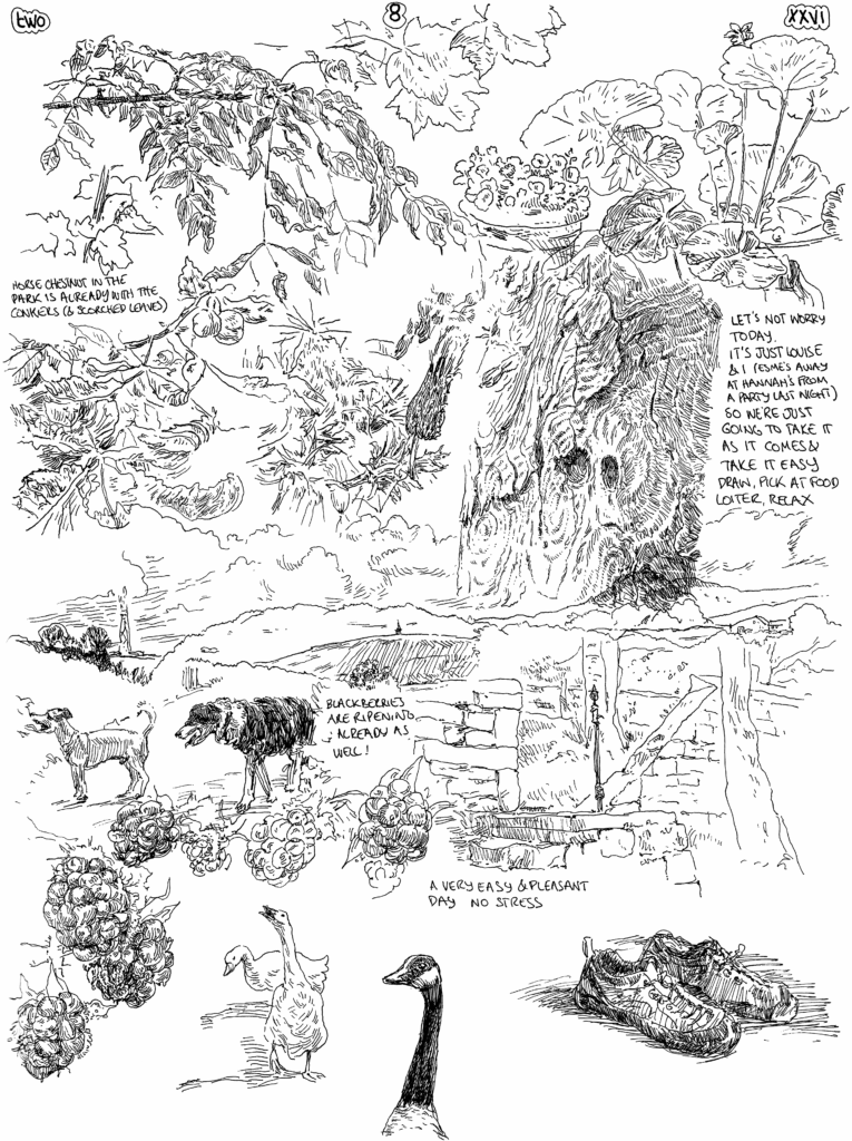 SundayComic: comic drawn on Sundays from Life and photo-reference:  A deliberately easy day, and quite frankly, i could have done more, but I did not.  When we went out, we went around the park and along the canal to get shopping, and then Louise did some knitting & I drew and mooched.  And it was good. 