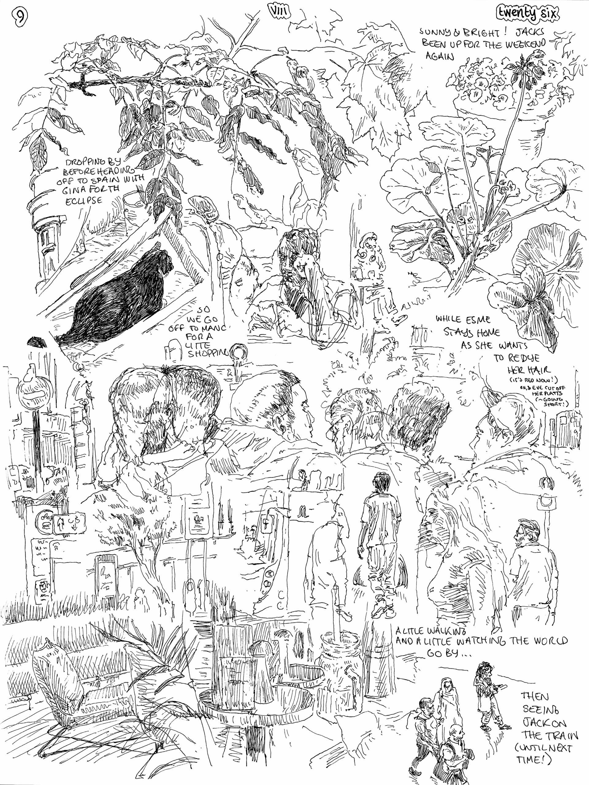 SundayComic: comic drawn on Sundays from Life and photo-reference: Off to Manchester today, although Esme stayed at Home to dye her hair... Jack's been up for a flying visit, and was departing from Piccadilly back to London, so we saw him off (and did a spot of shopping, and mooching in cafes... and having a bite to eat...).