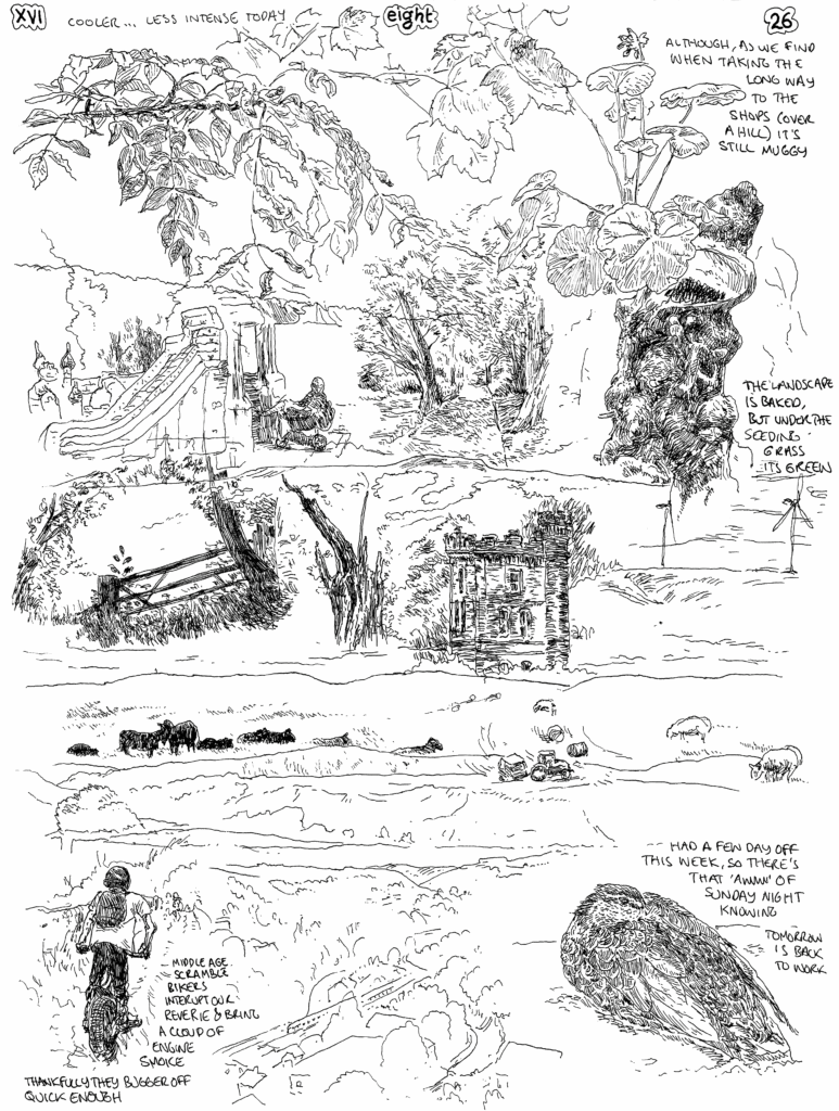 SundayComic: comic drawn on Sundays from Life and photo-reference: a typical (simple) long way around to the shops day (over the hill at the back of the past then down to the canal & back again). Then, because it's actually going to rain, I trimmer the lawn (not shown, boring)