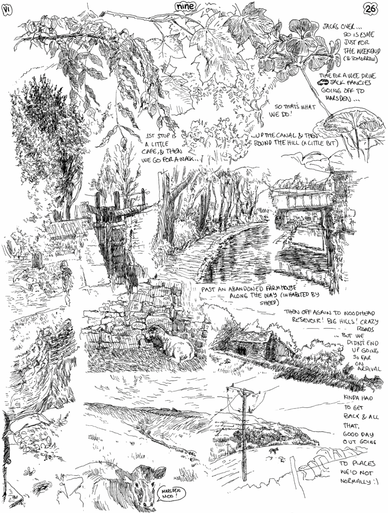 SundayComic: comic drawn on Sundays from Life and photo-reference: A lot of miles by car today and three counties. I mean... we didn't start out with that ideal, (I don't think) but Jack got a whole lot of driving in on his visit. Marsden, then Woodhead Reservoir (a bit south into the peaks) ... not that we ended up with a lot of time for waling at the 2nd destination, but we saw a deer (and a low reservoir ... a drove over a lot of big hills)