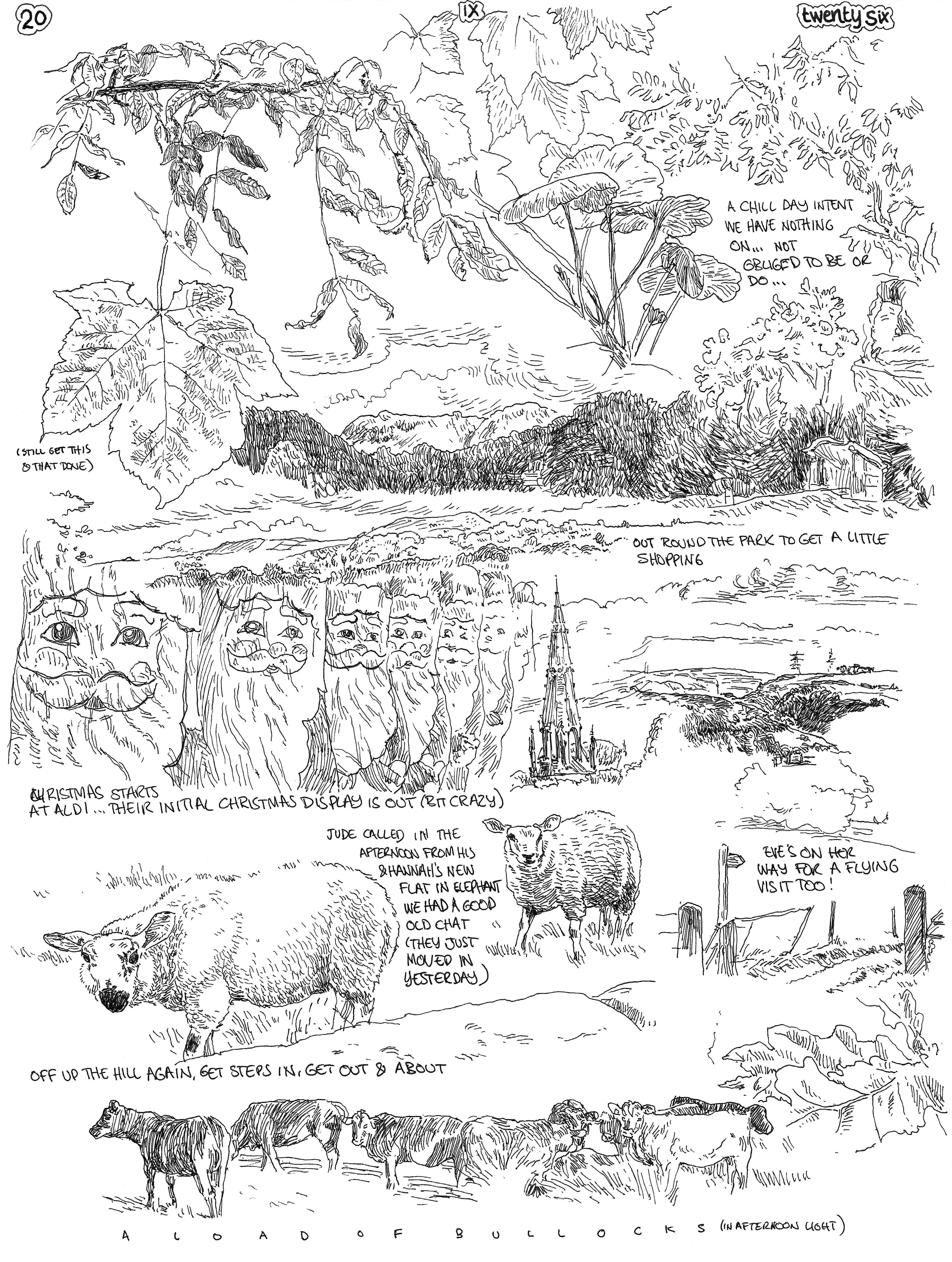 SundayComic: comic drawn on Sundays from Life and photo-reference: easy Sunday - nice. Up moderately early (thanks bumble) and on with a day. There's a few jobs to do so potter a little. I draw, Louise knits and we go for walks. Eve is dropping by today (staying over & setting off early tomorrow for the Lakes)