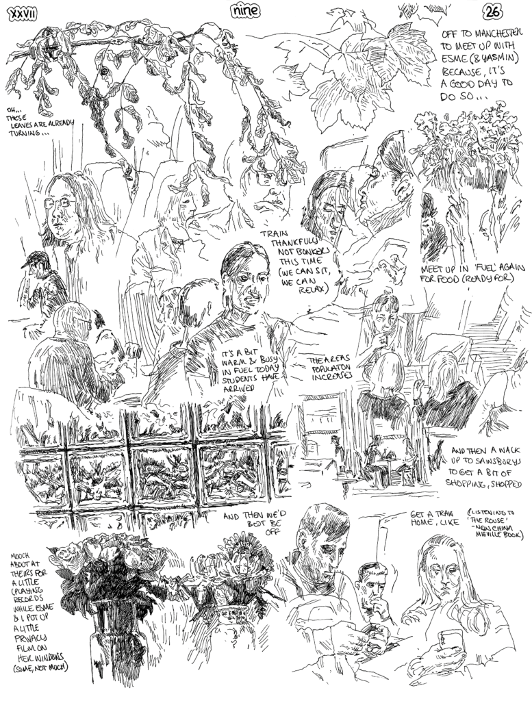 SundayComic: comic drawn on Sundays from Life and photo-reference: Sunday and off to see our Esme over in Manchester again, because we should & there's a few things to be helpful about.  We arranged to meet up in Fuel in Withngton, bu then the bus took a diversion so we walked down from Fallowfield (it's not far, really) and were a bit late.  They were the busiest we've seen there, so had to wait a little longer for nosh (was good). 