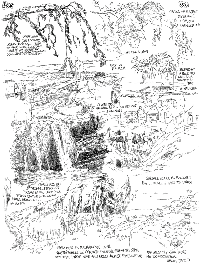 SundayComic: comic drawn on Sundays from Life and photo-reference: Jack's up visiting, and his car live here, so when he's here we tend to go on an explore; to go to places that might usually be inaccessible.  We were up early (because) and so was jack (because trying to get glaso tickets, but regrettably...) .  So we set out not too late for Malhan, which is a little bit of a drive away, but vert spectacular ( & so popular, that the paths are really well maintained)
Gordale Scar is a thing to behold.  The landscape is exceptionally pretty, but Ash Dieback is adding an additional scarred-ness to the landscape.  Great place to visit and lots of people, so hopefully tourism is good for them there.