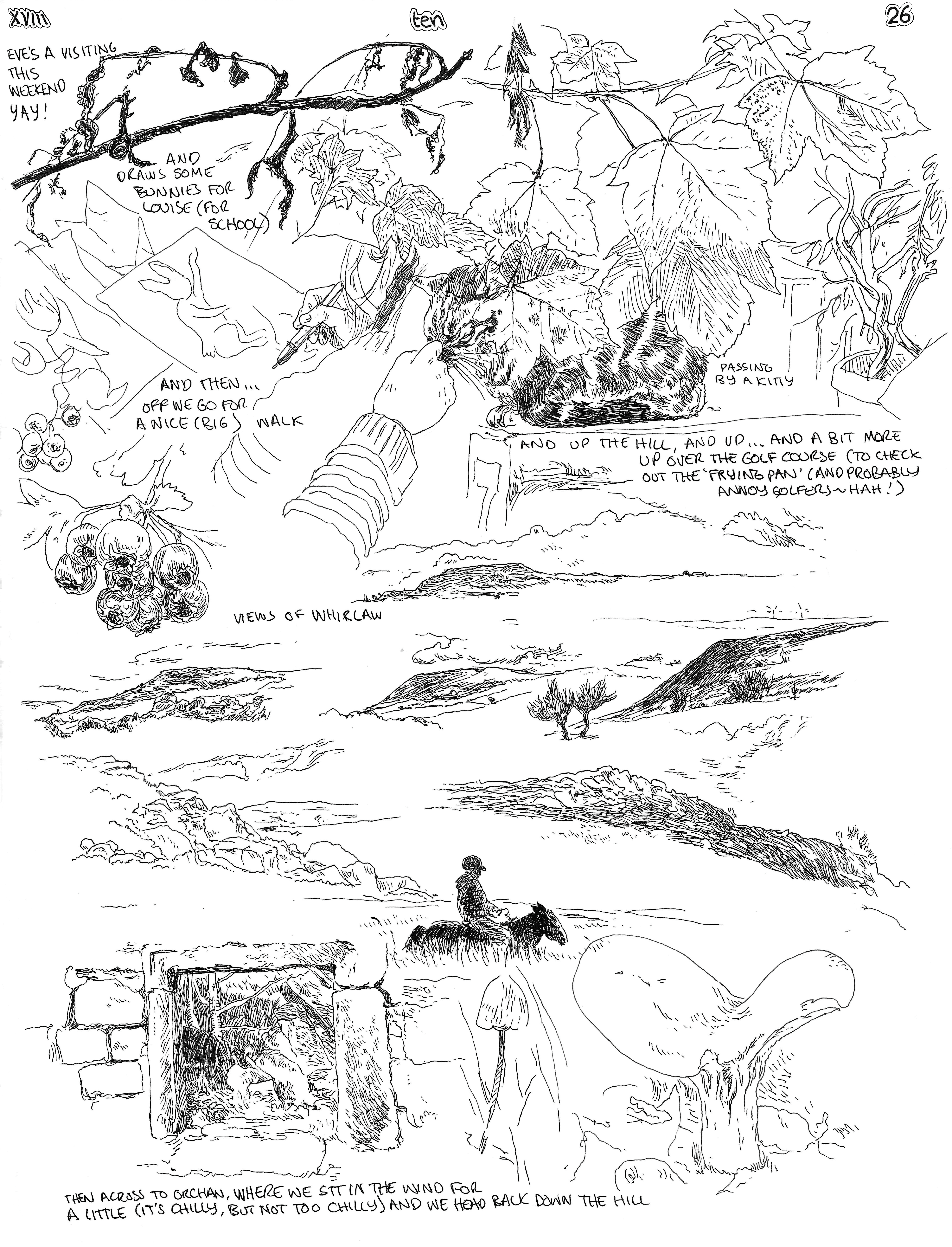 SundayComic: comic drawn on Sundays from Life and photo-reference: Eve's come us to see us this (which it lovely). Good chill day, watched a lot of taskmaster (season 15?) and after some relaxing, went on a big ol' walk around the hills (managed to draw various views of Whirlaw) and really had a very pleasant day - thanks guys :)